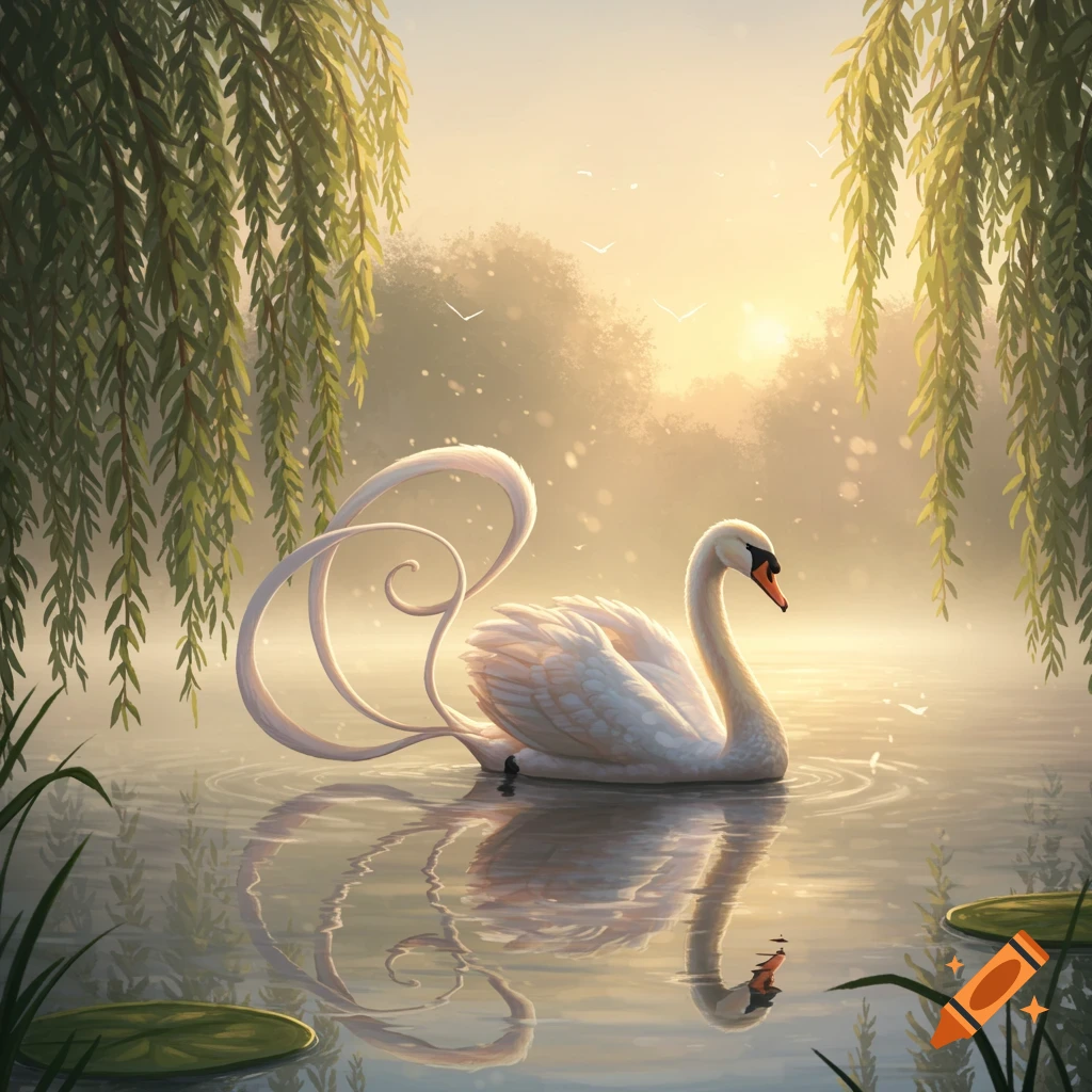 A stylized white swan with a long, curly tail floats on a misty lake under weeping willow branches at sunrise, in a dreamy art style.
