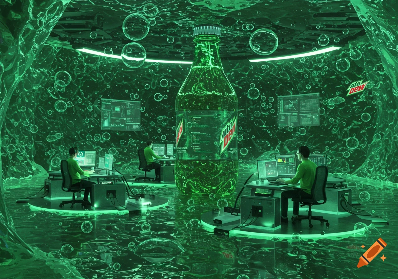 Software engineers work in a glowing green room filled with bubbles and a giant Mountain Dew bottle.