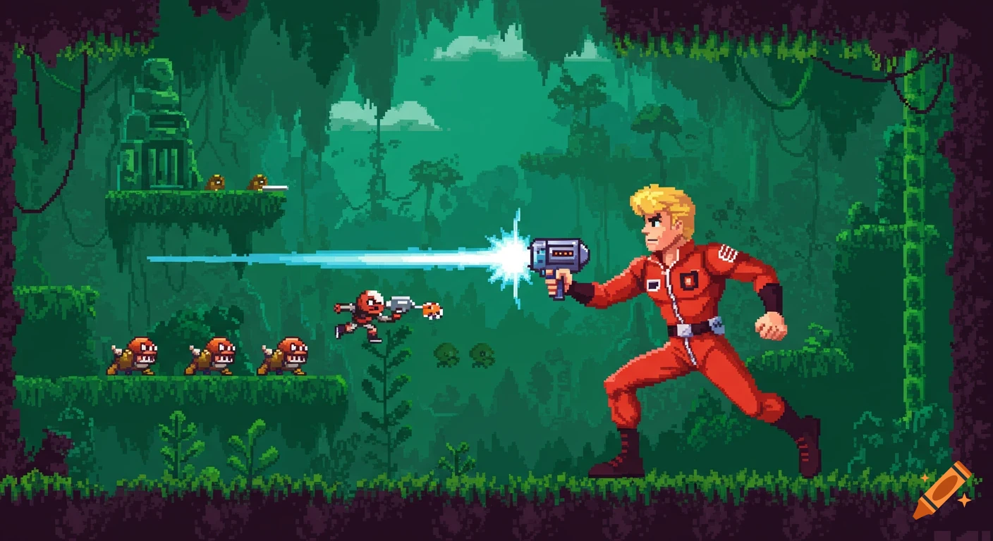Pixel art of a man in a red jumpsuit firing a laser gun at an enemy in a jungle cave, like a retro video game.