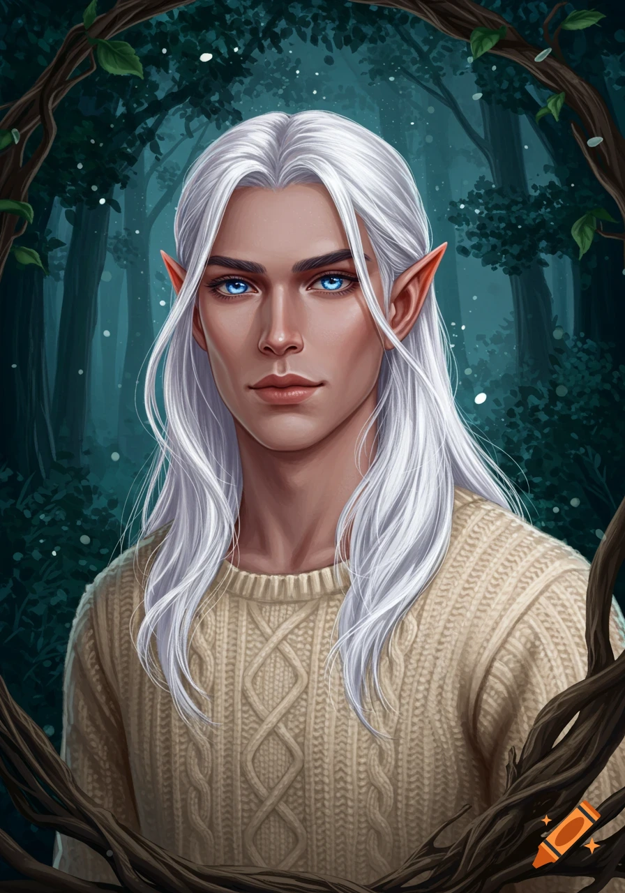 Handsome male elf with long white hair and blue eyes, wearing a cream cable knit sweater, framed by tree branches in a dark forest.