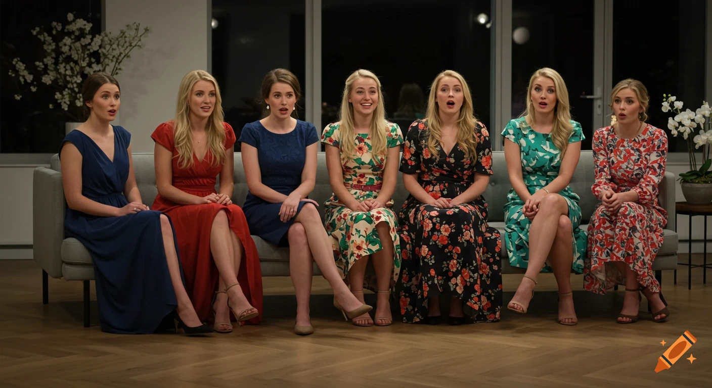 A group of women in various dresses sitting on a couch, looking intently forward.