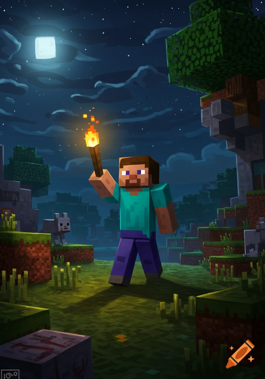 Minecraft's Steve holds a torch high at night with a wolf in the background, in a stylized digital art scene.