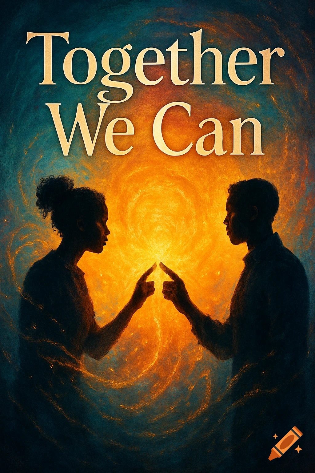 Silhouettes of a man and a woman reaching towards a glowing orb, with 'Together We Can' at the top, against a blue and orange swirly background.