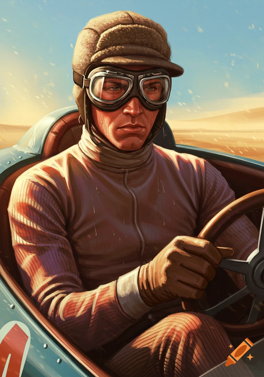 A determined male race car driver in vintage cap, goggles, and gloves, in a light blue race car in a sunny desert, in an illustrative style.