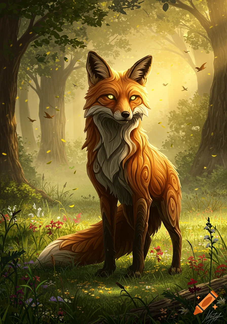 A stylized fox with wood-like fur sits in a sun-dappled green forest with falling autumn leaves and wildflowers.