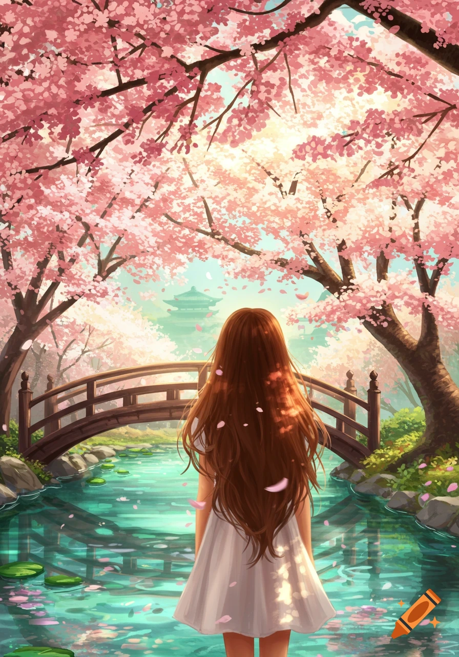 Anime style illustration of a brown-haired girl in a white dress standing in a beautiful Japanese garden with pink cherry blossoms, a wooden bridge, and a pagoda in the background.