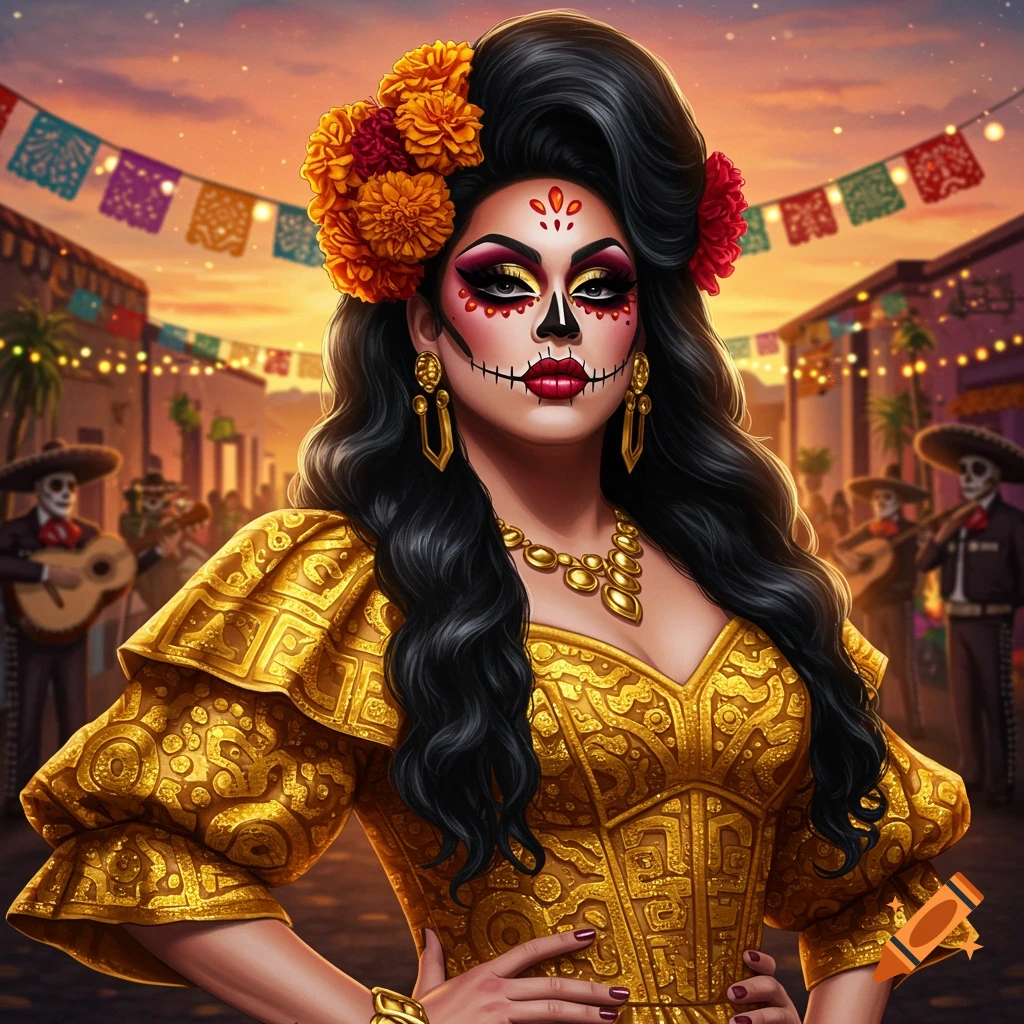A woman with sugar skull makeup, a vibrant floral hairpiece, and a golden ornate dress stands in a lively street at sunset.