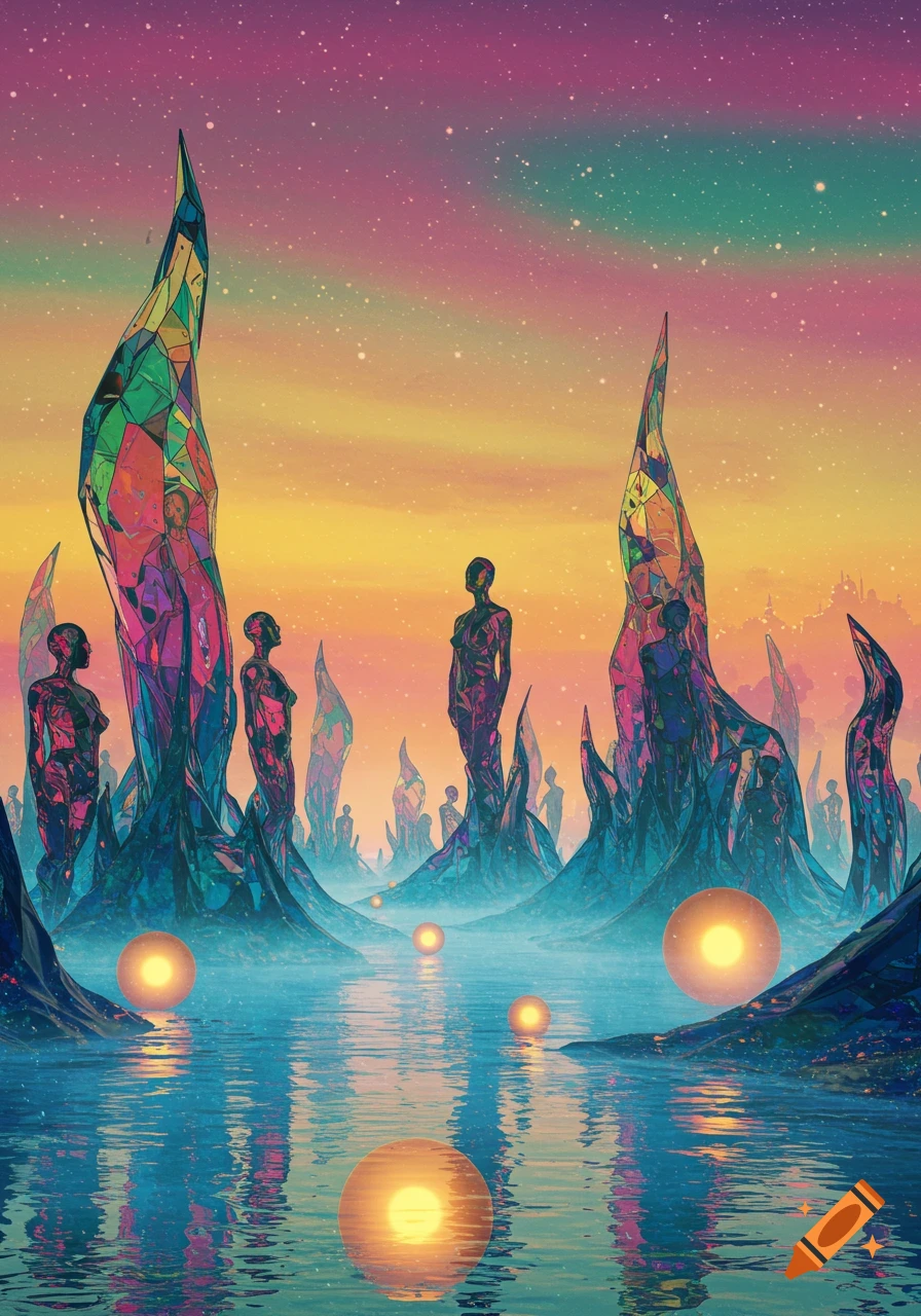 A vibrant, surreal landscape with crystal-like structures and abstract figures standing in shallow water, under a starry, gradient sky with glowing orbs.