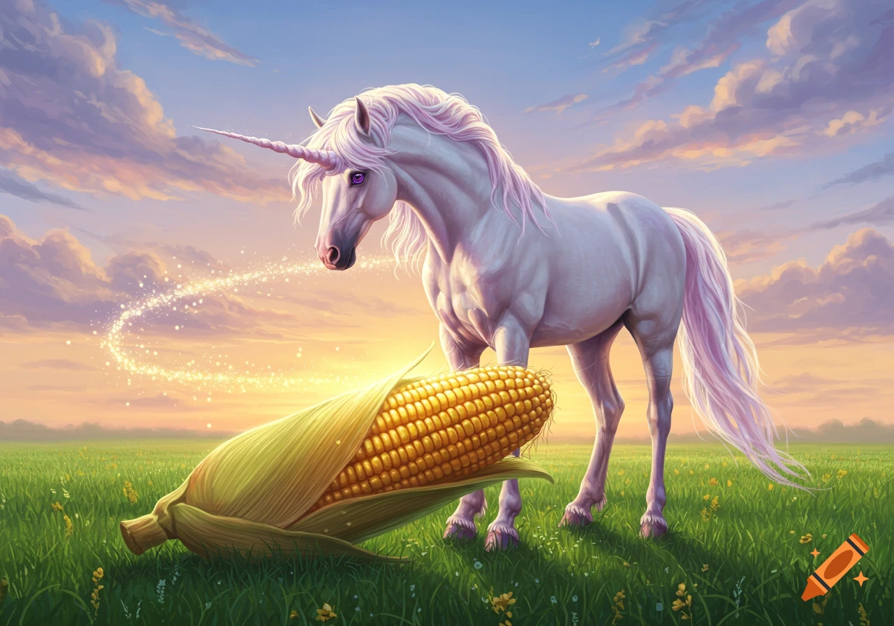 A white unicorn with a pink mane and tail stands in a grassy field, gazing at a large ear of corn with magical sparkles under a sunset sky.