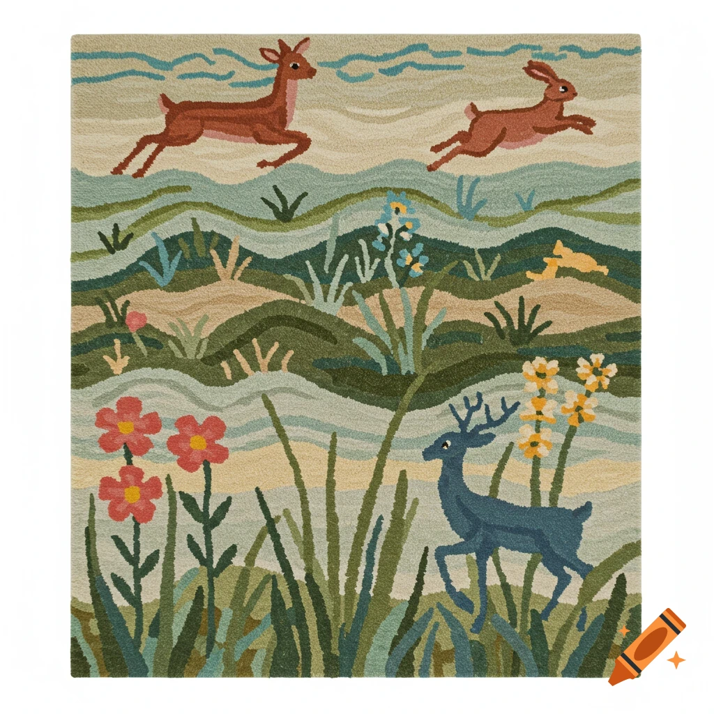 A stylized hand-tufted rug depicting a brown deer, a rabbit, and a blue deer among green grass and colorful flowers in a landscape.