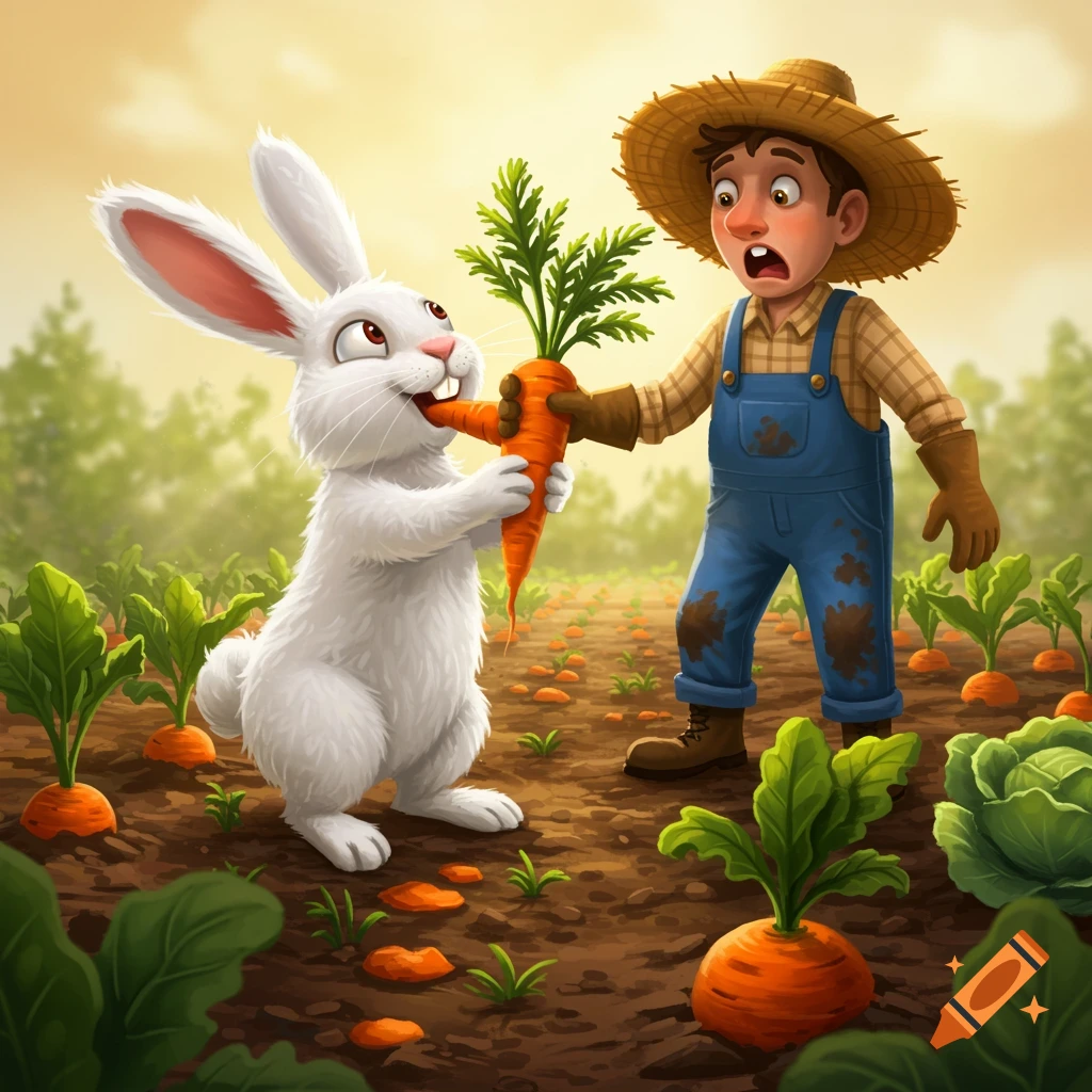 Cartoon illustration of a white rabbit biting a carrot held by a shocked farmer in a carrot patch.