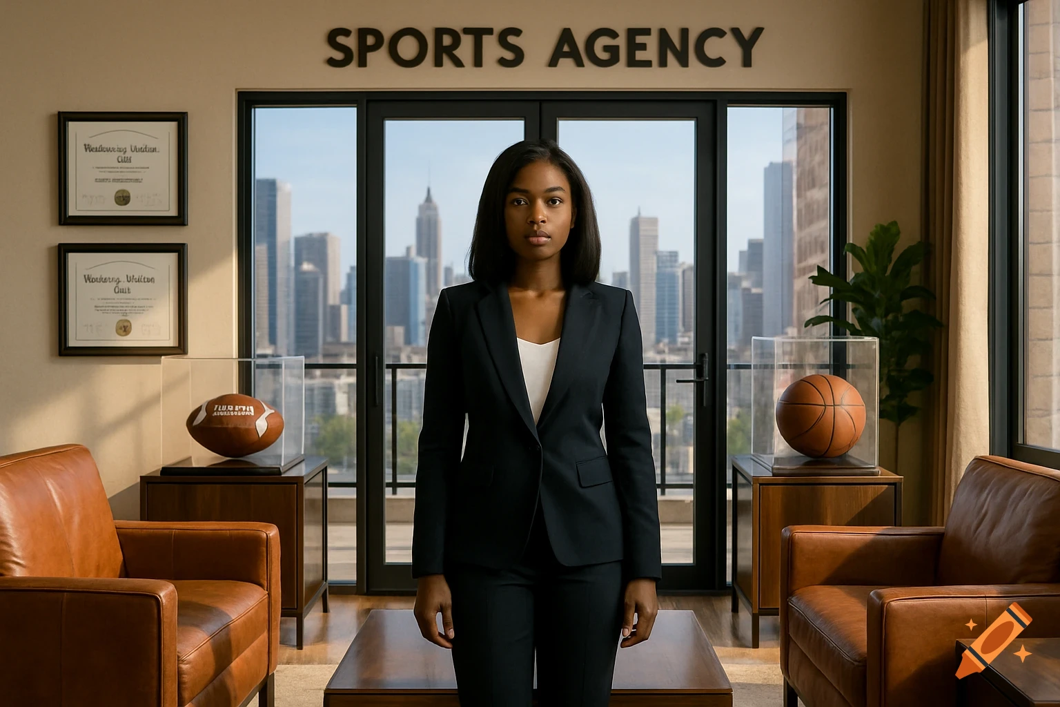 A young Black woman in a black suit stands in a modern office with glass doors overlooking a city skyline, with sports memorabilia and framed degrees.
