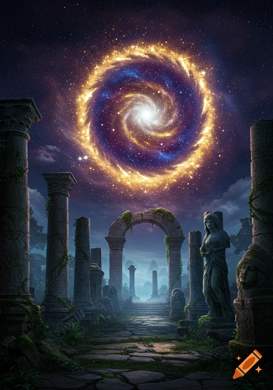 A cosmic spiral portal glows brightly in a starry night sky above ancient, overgrown stone ruins and statues.