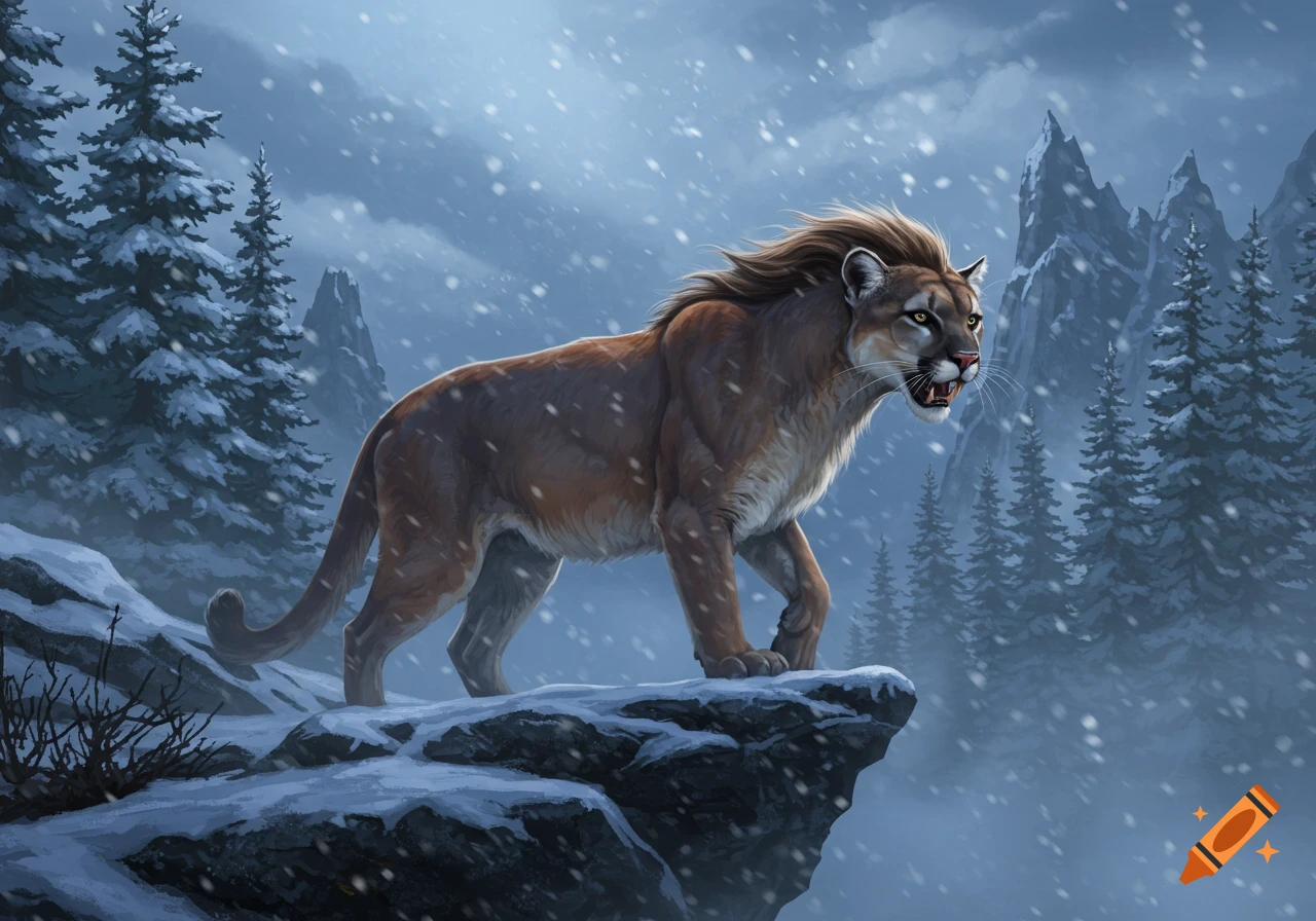 An illustrative painting of a fierce mountain lion with a long mane roaring on a snowy cliff edge in a blizzard.