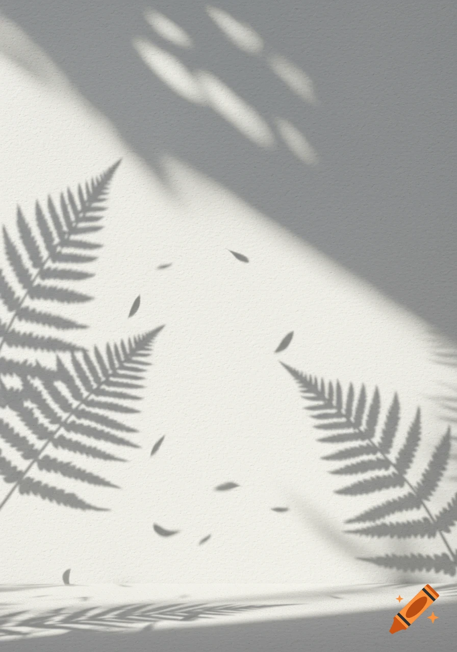 Shadows of fern plants cast on a textured white wall with natural light.