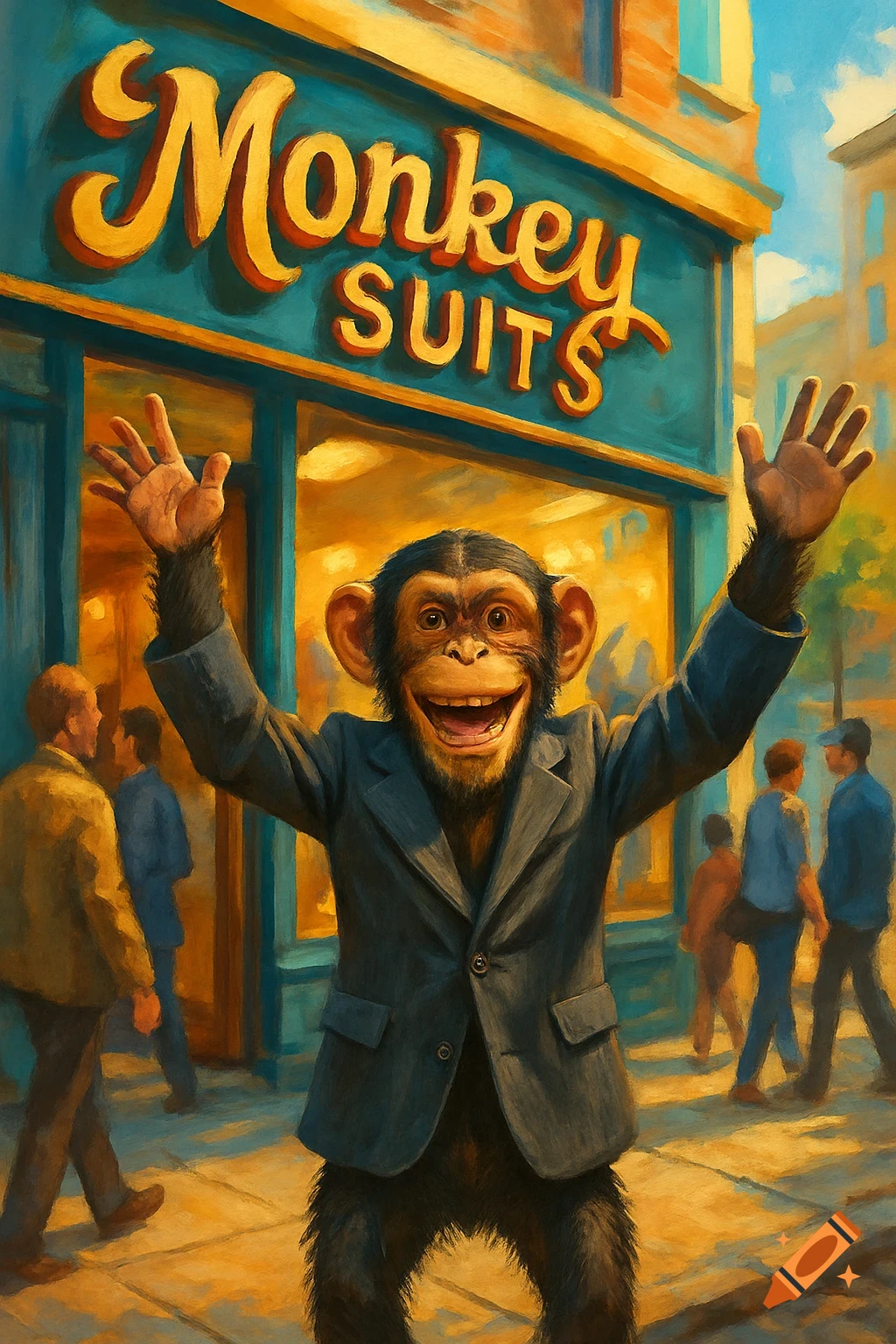 A chimpanzee in a suit stands in front of a store with a 'Monkey SUITS' sign, arms raised and smiling, in a painterly style.