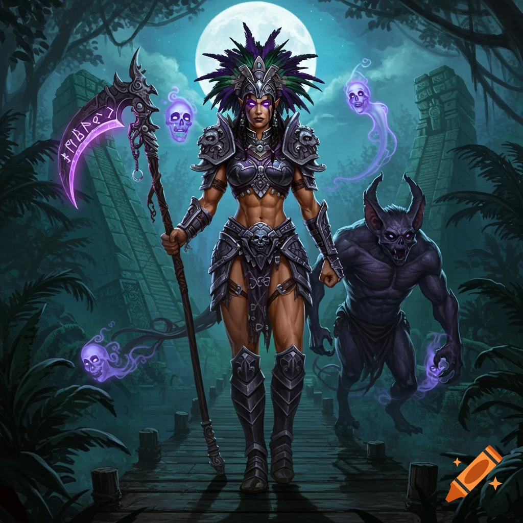 Armored female fantasy warrior with glowing eyes and a feathered headdress, holding a glowing purple scythe. She stands on a wooden path in a dark jungle with ancient temples and a full moon, accompanied by a large, muscular, bat-like creature and purple floating skulls.