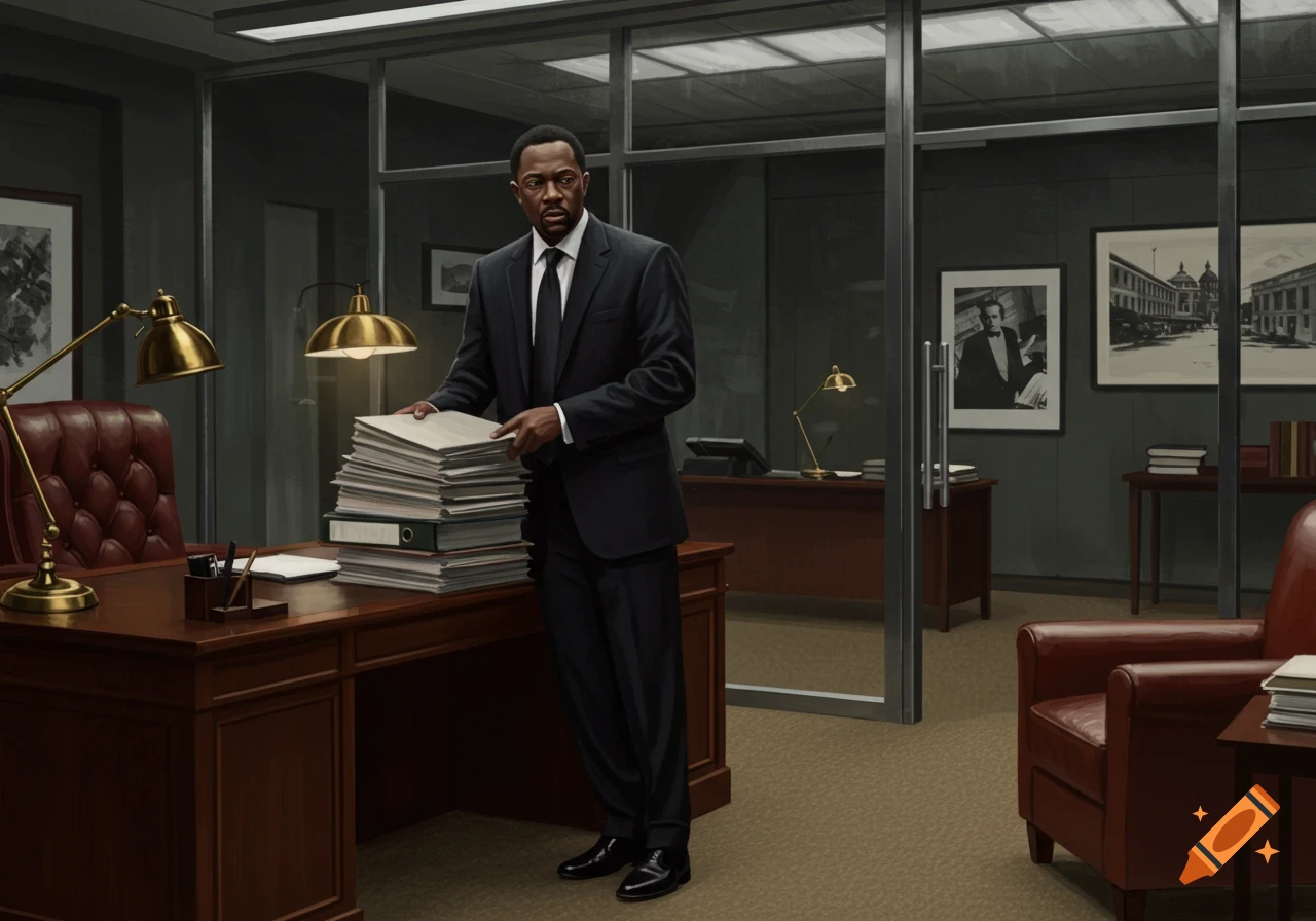 A man in a black suit stands in an office, leaning on a desk with a tall stack of files. Photorealistic style.