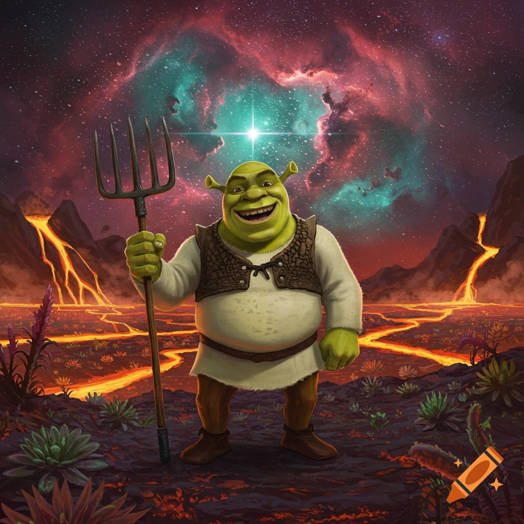 Shrek, holding a pitchfork, stands smiling in a fiery landscape under a starry, red and teal nebula.