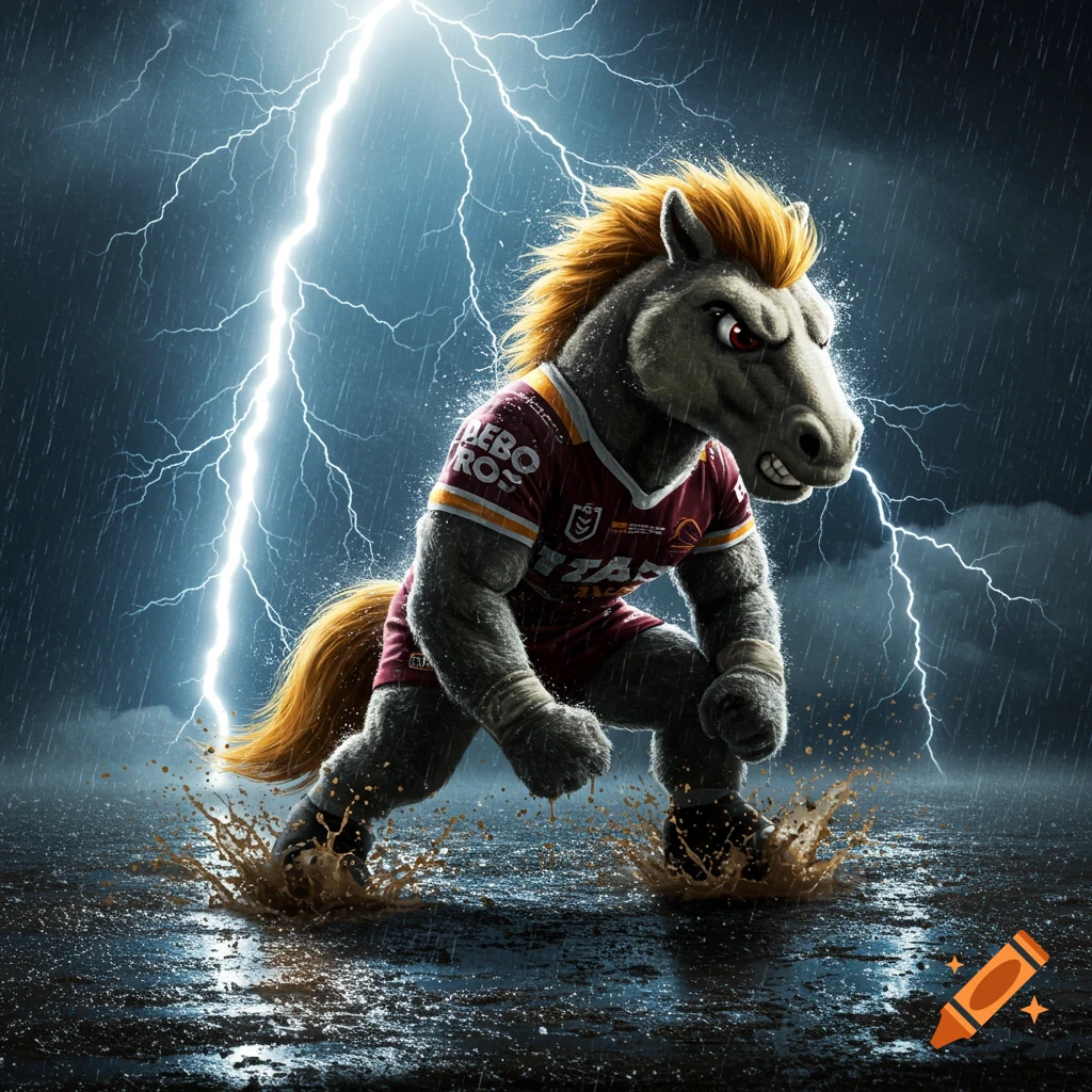 A muscular horse mascot in a maroon and gold jersey stands in splashing water during a lightning storm.