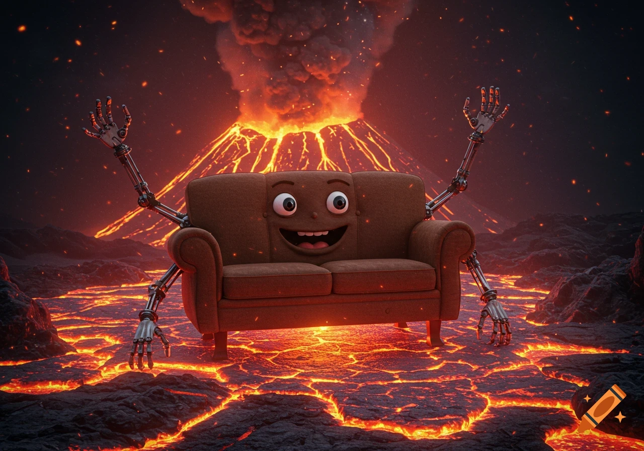 A happy anthropomorphic brown couch with robot arms stands in a fiery volcanic landscape with an erupting volcano.