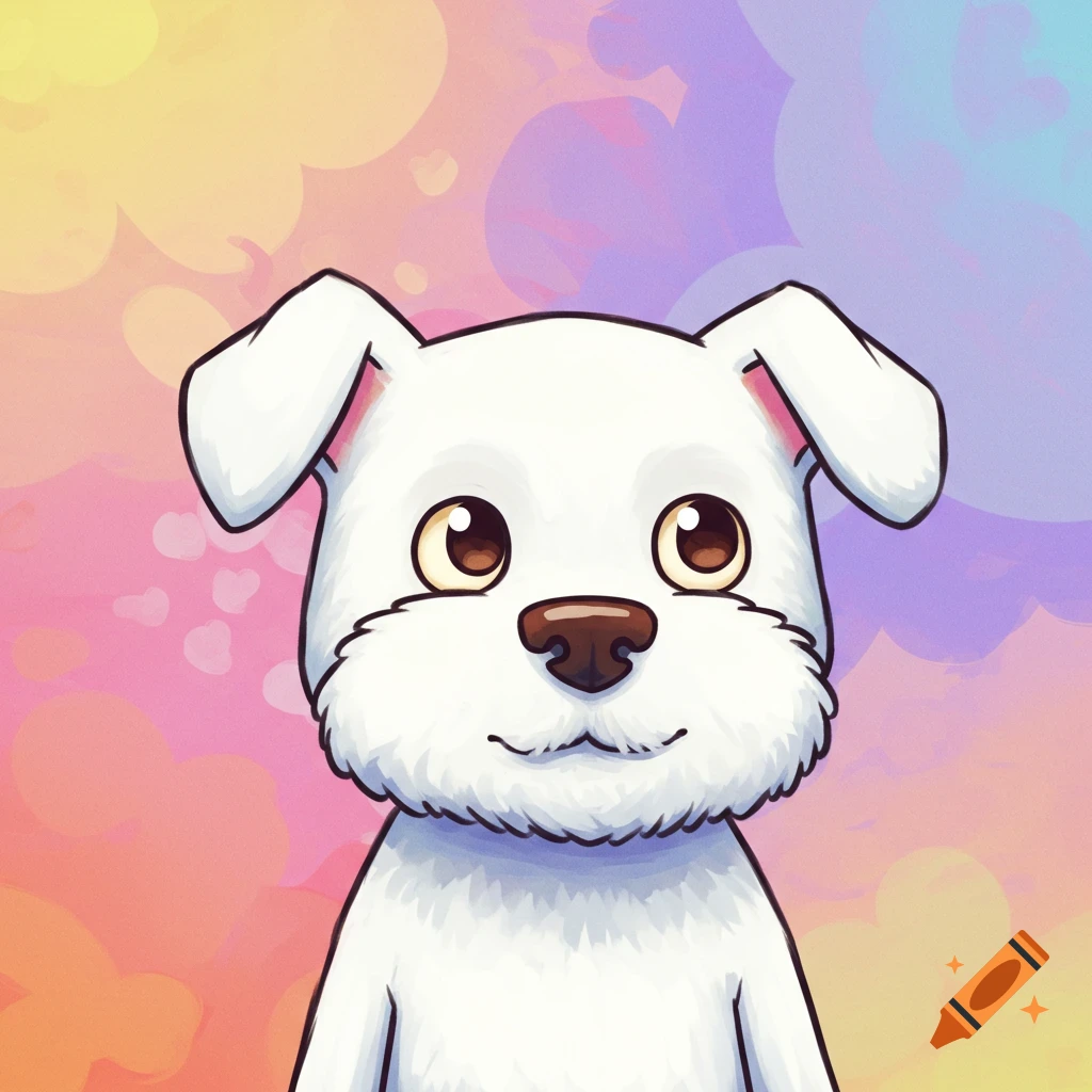 A cartoon white dog with large brown eyes and a small smile, set against a pastel rainbow background with heart shapes.