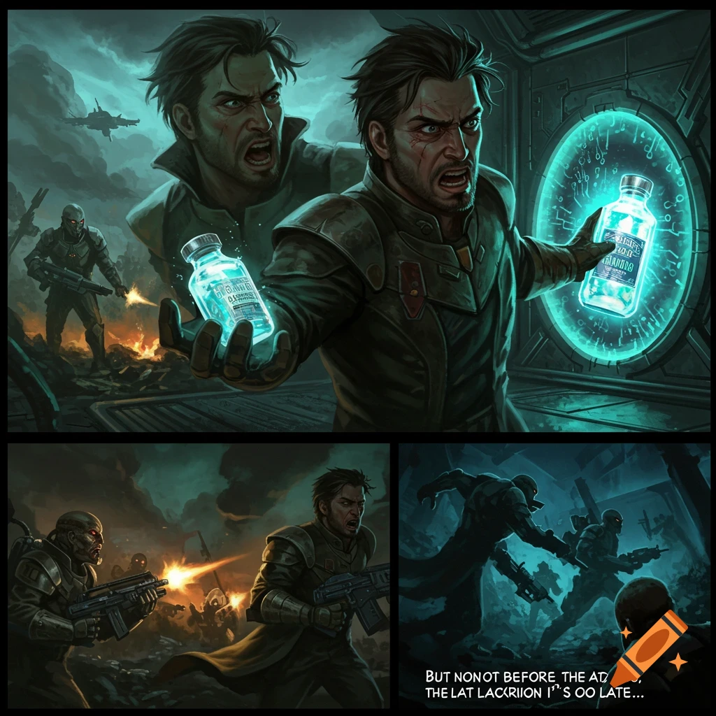 A multi-panel sci-fi comic book illustration. The top panel shows a man holding two glowing vials, looking stressed, with a battlefield behind him. The bottom left panel shows the man in battle. The bottom right panel shows a chase scene with soldiers.