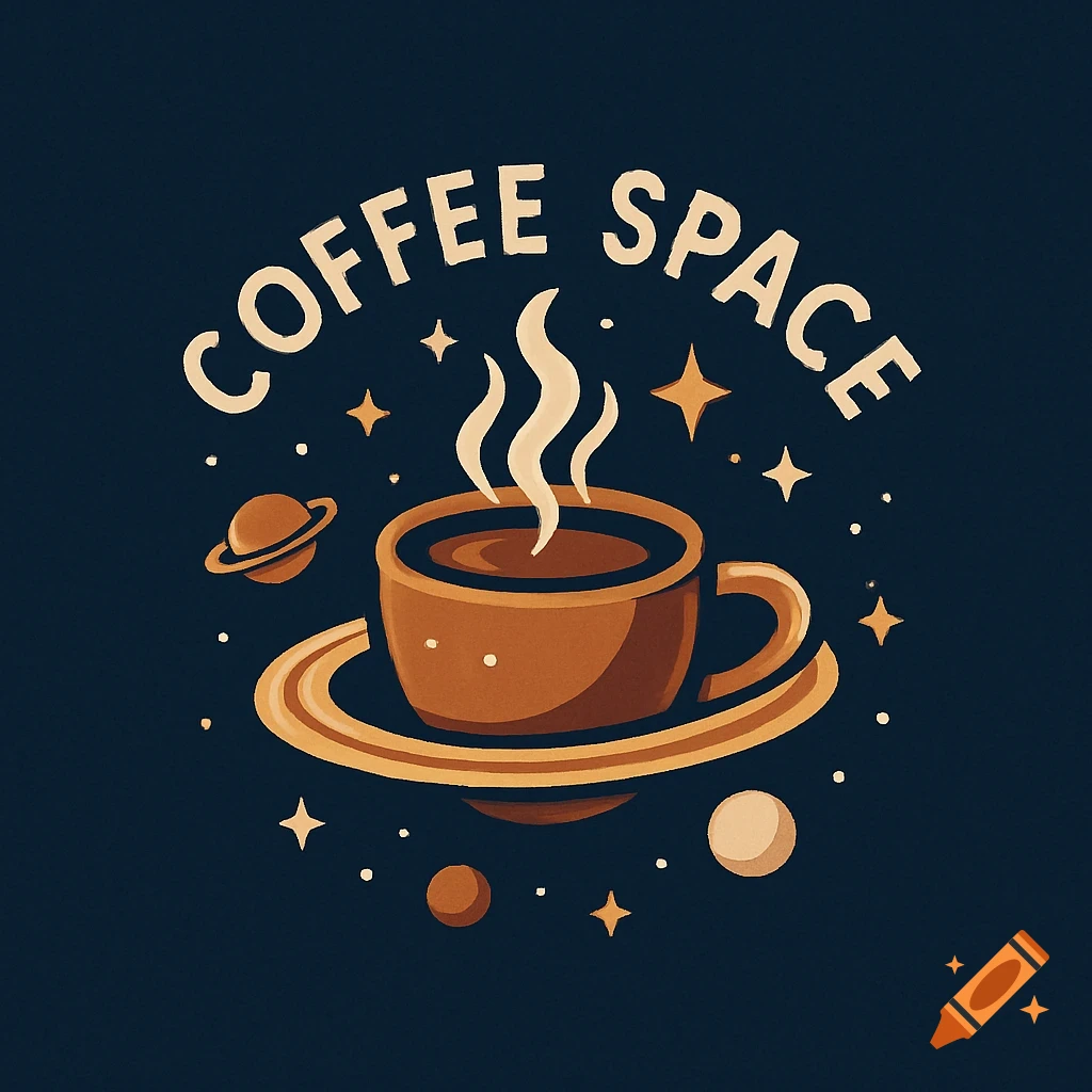 Cartoon logo of a coffee cup as a planet with rings, stars, and planets, with 'COFFEE SPACE' text.