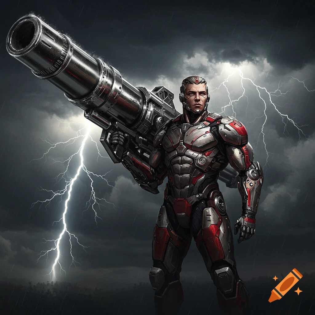 A futuristic soldier in metallic red and grey armor holds a large cannon over his shoulder against a stormy, lightning-filled sky.
