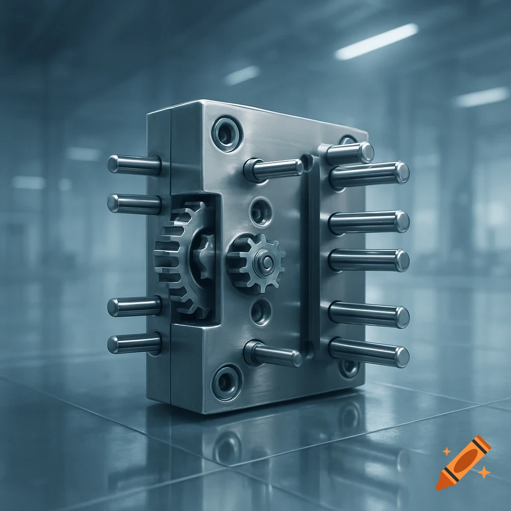 Photorealistic metallic industrial block with gears and multiple pins on a reflective floor in a factory.
