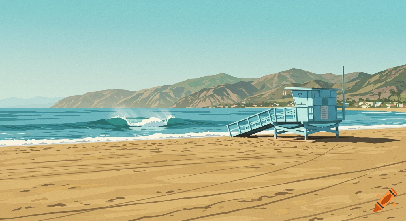 Serene city pop art beach scene with a light blue lifeguard tower, golden sand, gentle waves, and distant mountains under a clear sky.