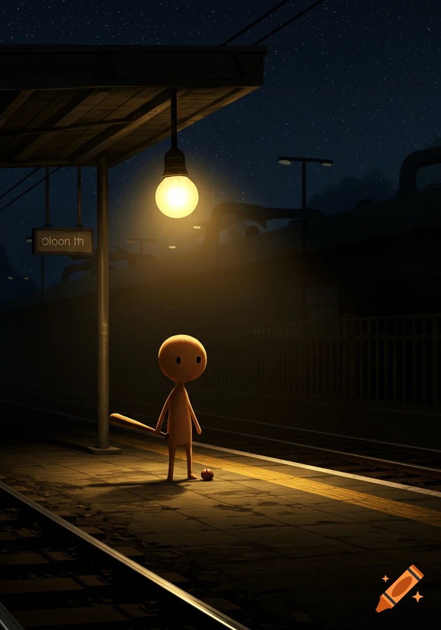 A cute light brown stick character holding a baseball bat stands under a glowing light bulb at a dark train station at night.