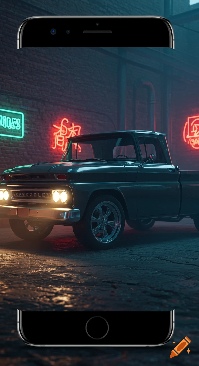 A classic dark gray pickup truck on a neon-lit street at night, framed by the top and bottom of a black smartphone.