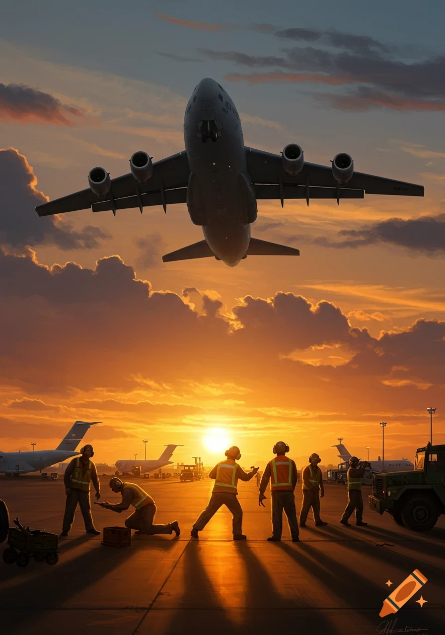 C-17 Globemaster III aircraft flies overhead as ground crew mechanics work on the tarmac during a vibrant sunset.