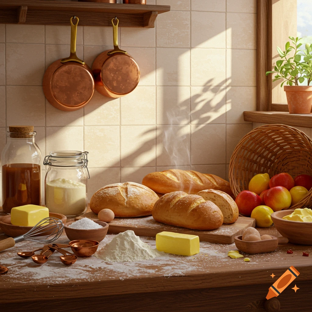 A photorealistic image of a kitchen counter filled with baking ingredients and fresh bread, including flour, butter, eggs, and fruit.