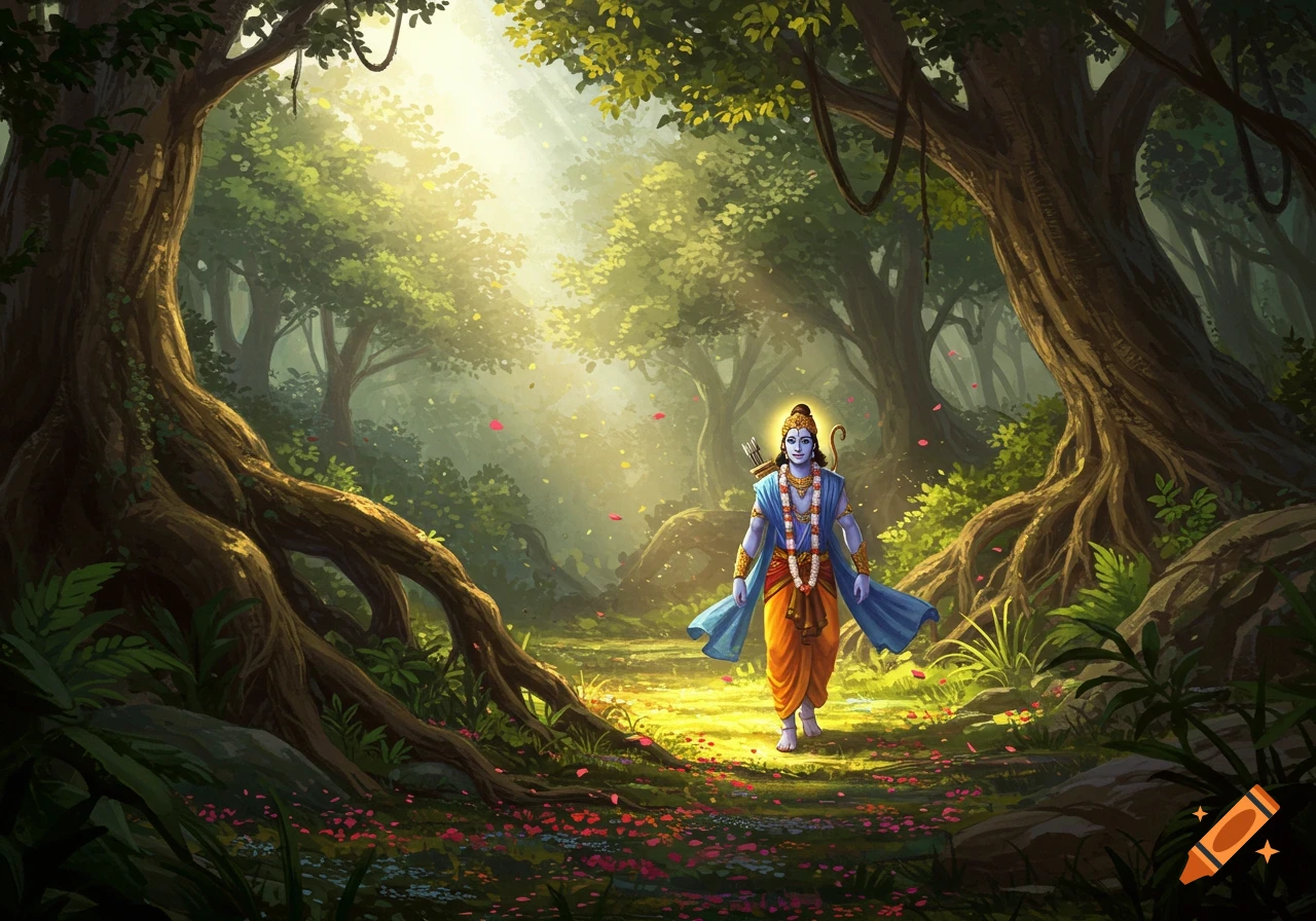 Lord Ram with bow and arrow walks through a sunlit, vibrant green forest path strewn with flowers in a digital painting.