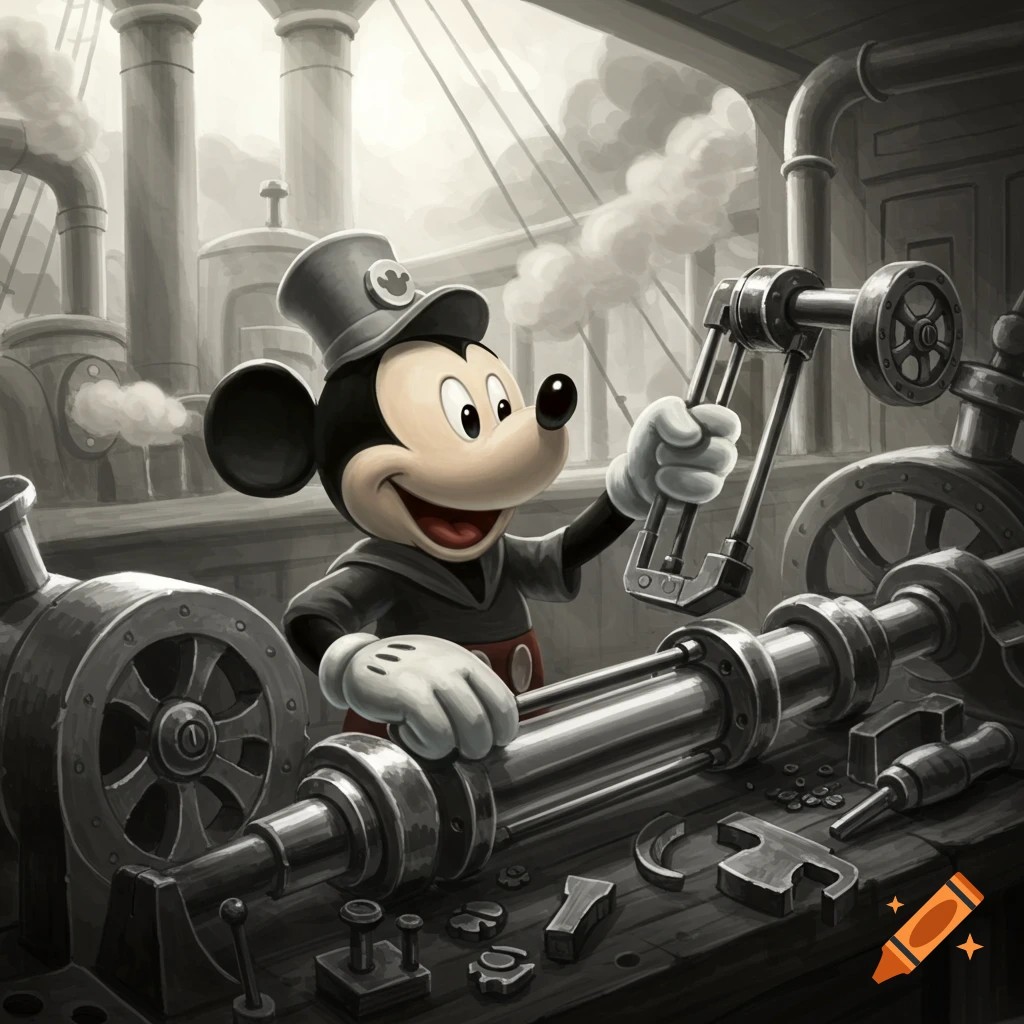 Monochrome illustration of Steamboat Willie Mickey Mouse working with industrial machinery in a workshop.