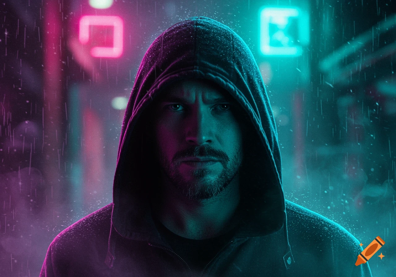 A mysterious man with a beard and a hood looks directly at the viewer, bathed in pink and teal neon light and rain in a cyberpunk city.