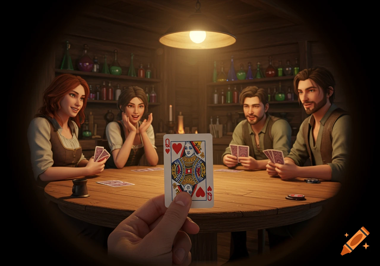 First-person view of a Queen of Hearts card held by a player, surrounded by friends at a wooden table in a dimly lit fantasy tavern.