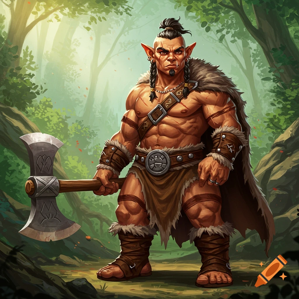 A muscular halfling barbarian with an axe stands in a forest, rendered in a detailed fantasy art style.