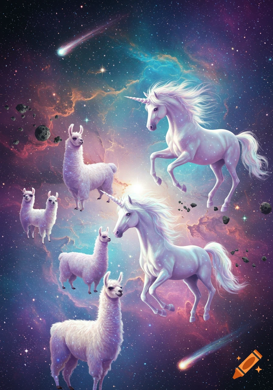 Shimmering white llamas and unicorns float in a vibrant space scene with stars, colorful nebulae, asteroids, and shooting stars.