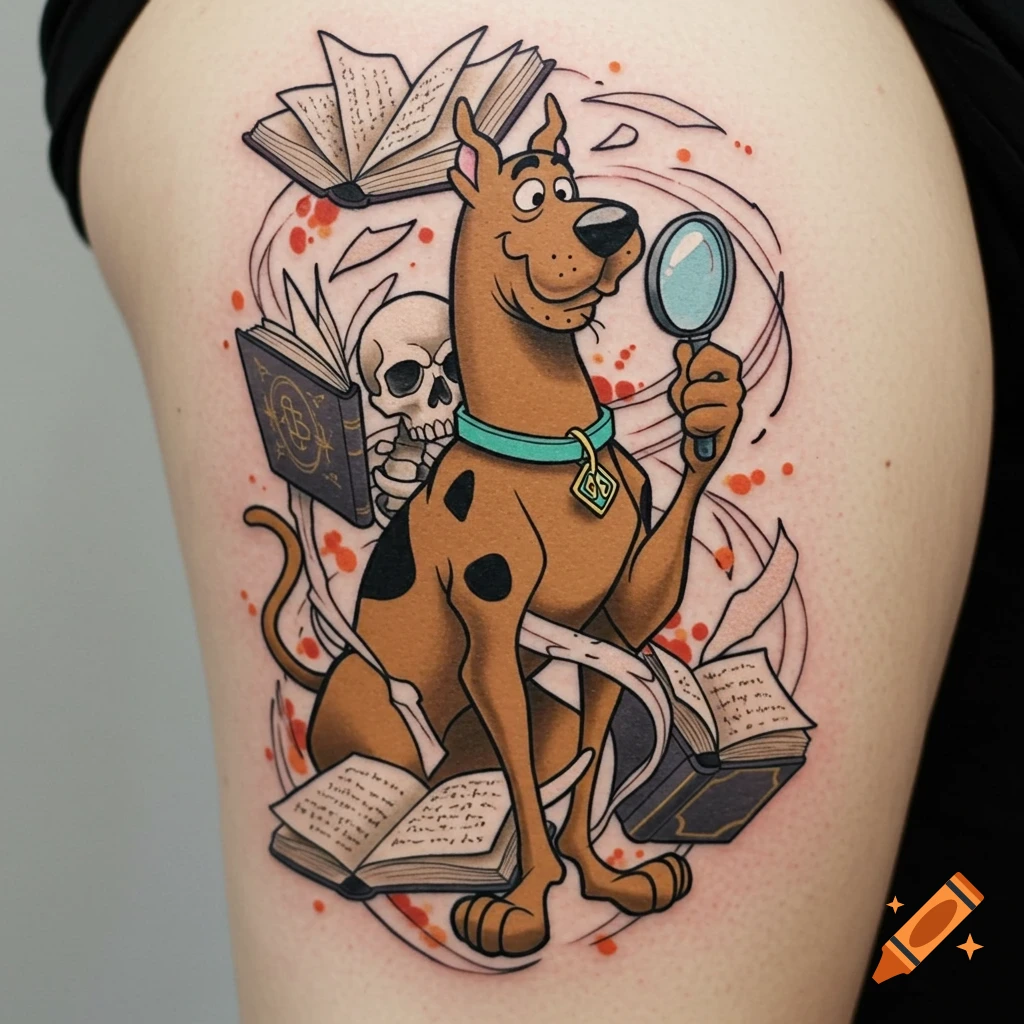 Cartoon tattoo of Scooby Doo holding a magnifying glass, surrounded by floating books and a skull.