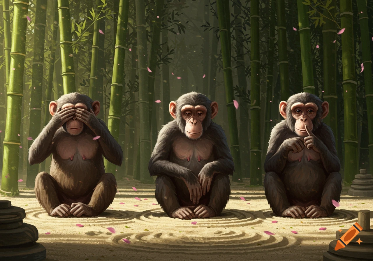 Three chimpanzees in a bamboo forest, one covering eyes, one ears, one mouth, depicting the 'see no evil' proverb. Pink petals scatter on the sand.