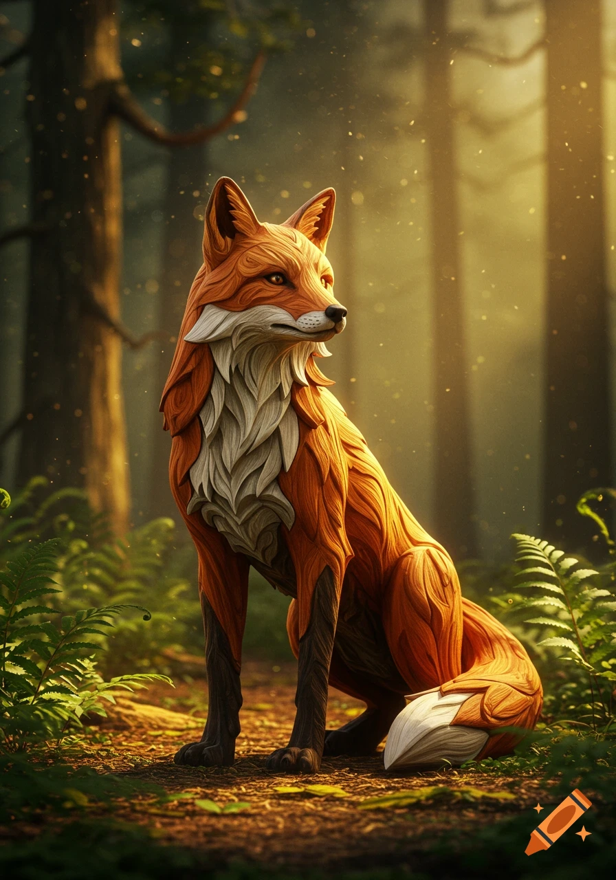 A stylized, textured wooden fox sits attentively in a sunlit forest, with glowing particles in the air.