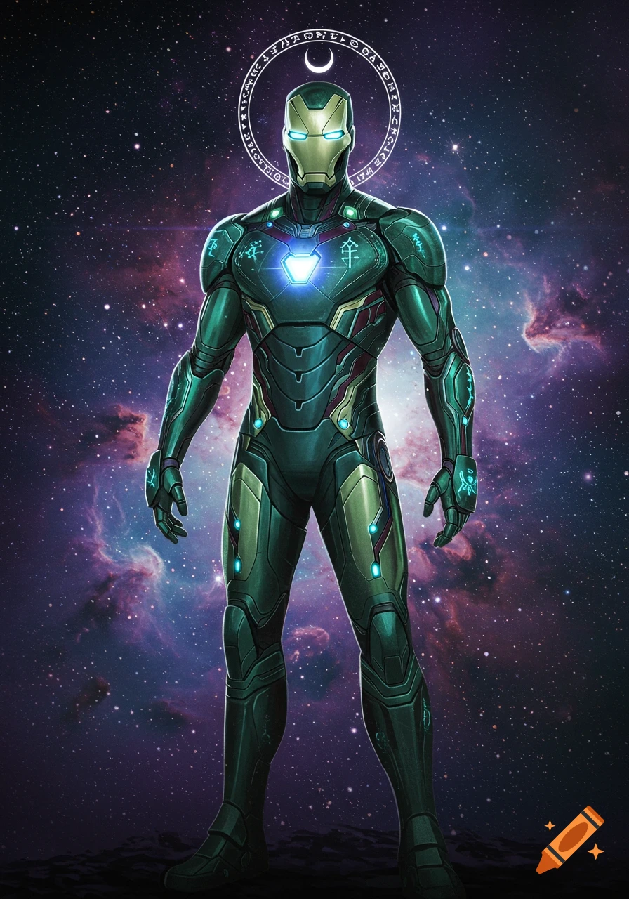 An Iron Man-like figure in green and gold armor with glowing blue accents stands against a cosmic background. A glowing halo with mystic symbols and a crescent moon orbits its head.