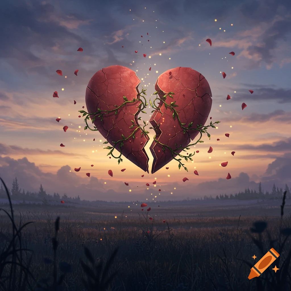 A cracked red heart, wrapped in green vines, floats over a field at sunset with falling rose petals and glowing particles.