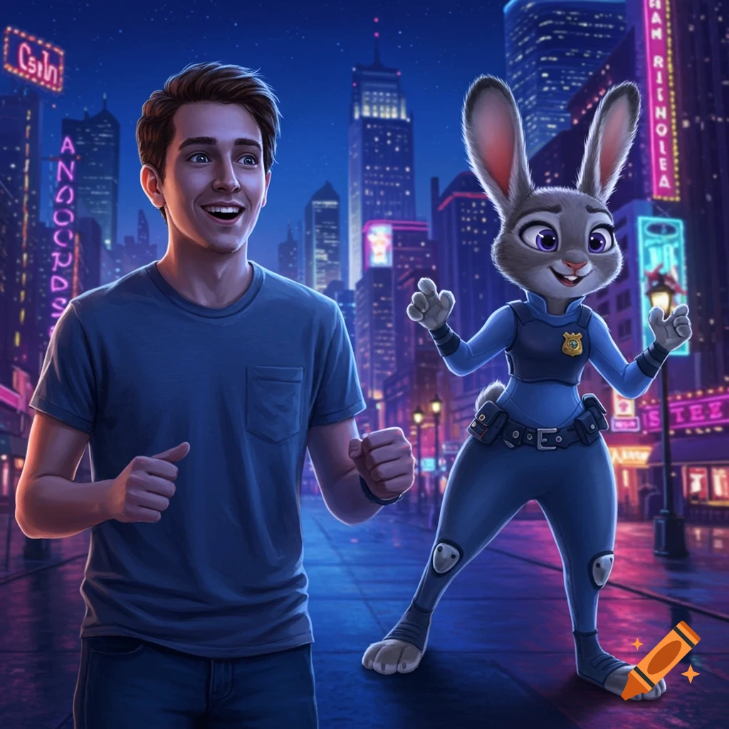 A smiling man and Judy Hopps from Zootopia stand on a city street at night, with neon signs and skyscrapers in the background, in a digital painting style.