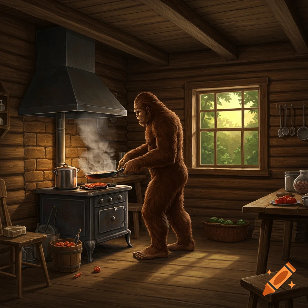 Bigfoot cooking dinner on a cast iron stove in a rustic log cabin, sunlight streaming through a window.