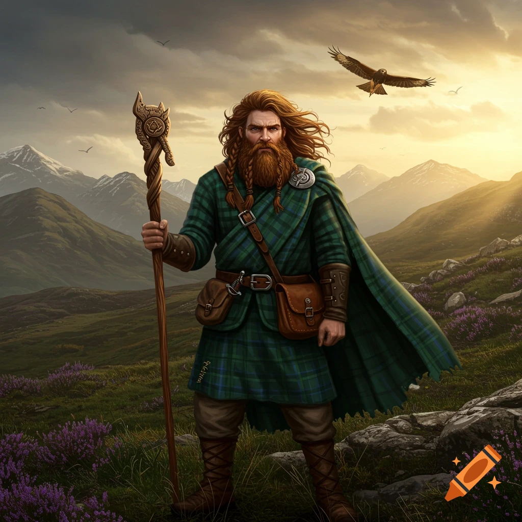 A bearded man in traditional Scottish tartan and a cloak stands holding a staff in a mountainous landscape at sunset.