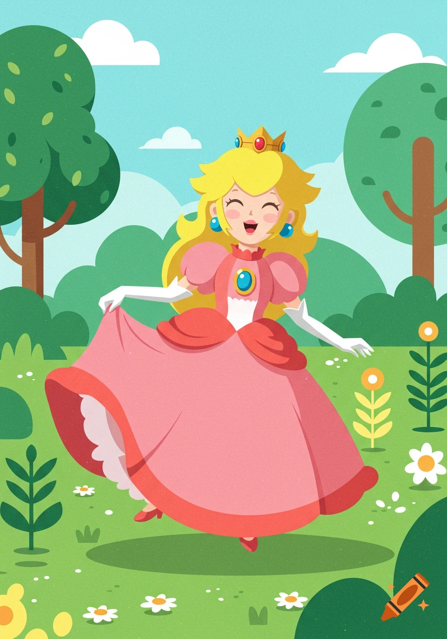 Stylized illustration of Princess Peach giggling and twirling in a green meadow surrounded by trees and flowers.